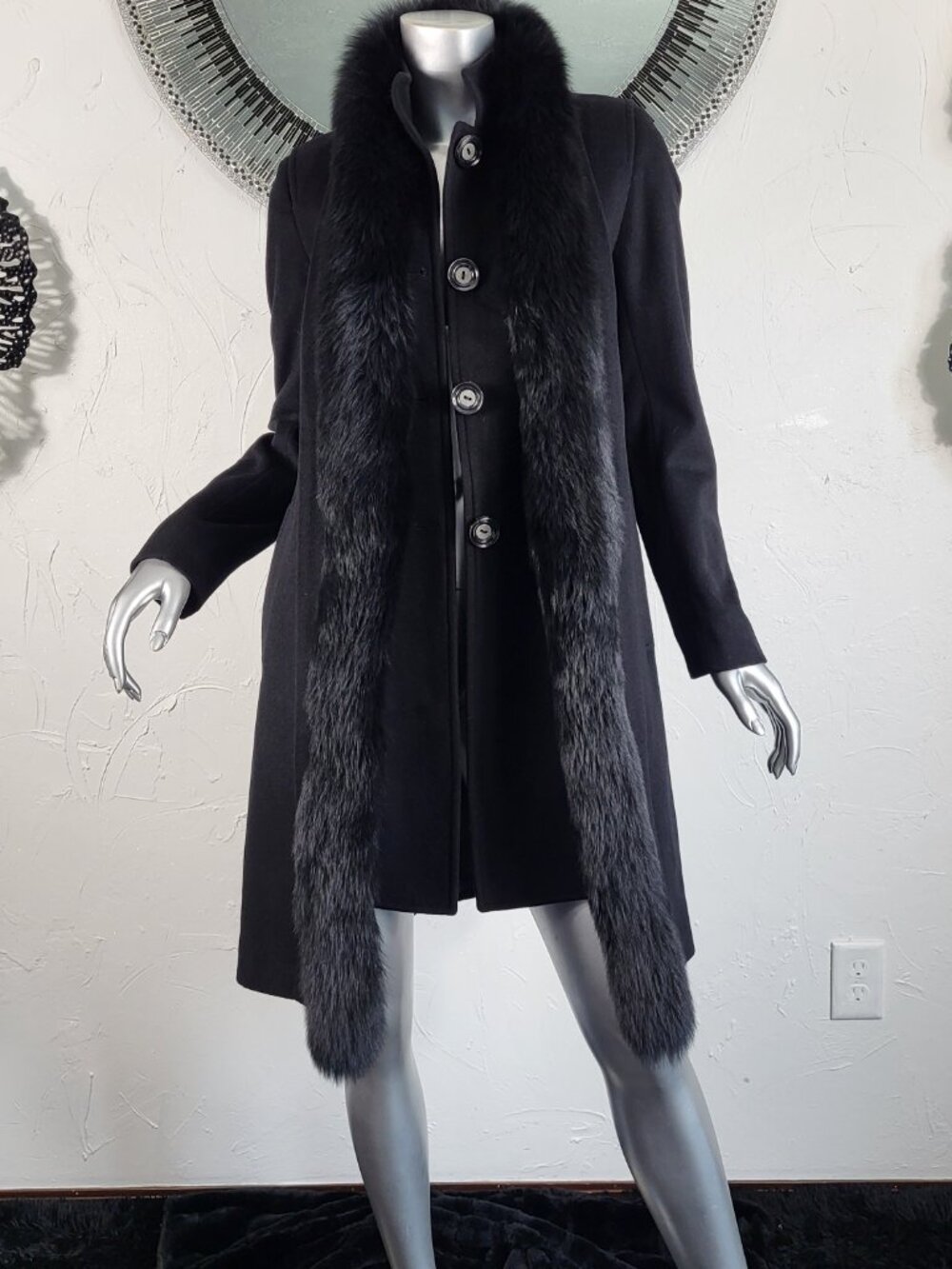 GEORGE SIMONTON COUTURE~S/M~VINTAGE BLACK WOOL GENUINE REAL FOX FUR TRENCH COAT